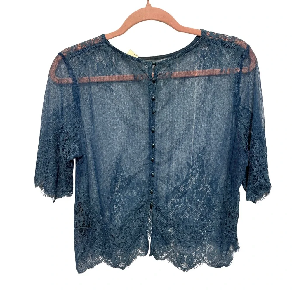 HM Loves Coachella Blue Lace Sheer Crop Top Button Back Size 6 Boho Festival